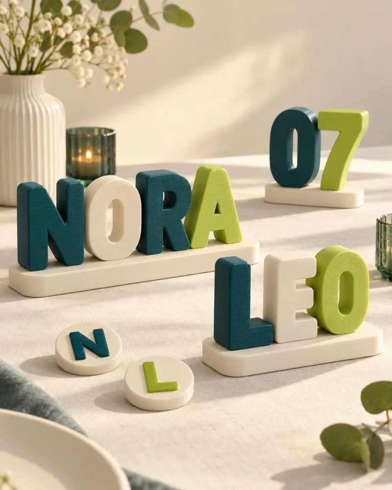 Nombres NORA y LEO, número de mesa 07 e iniciales a juego.