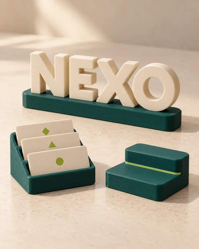 Conjunto NEXO con letras de sobremesa, tarjetero y pequeño expositor coordinados.